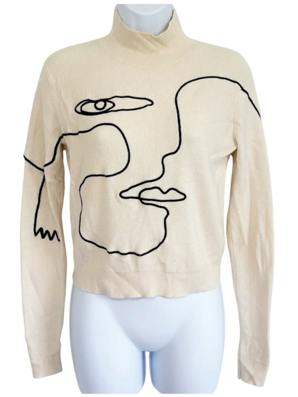 AKIRA Willa Abstract Face Ribbed Turtleneck Sweater Medium Cream Artsy - Picture 2 of 9